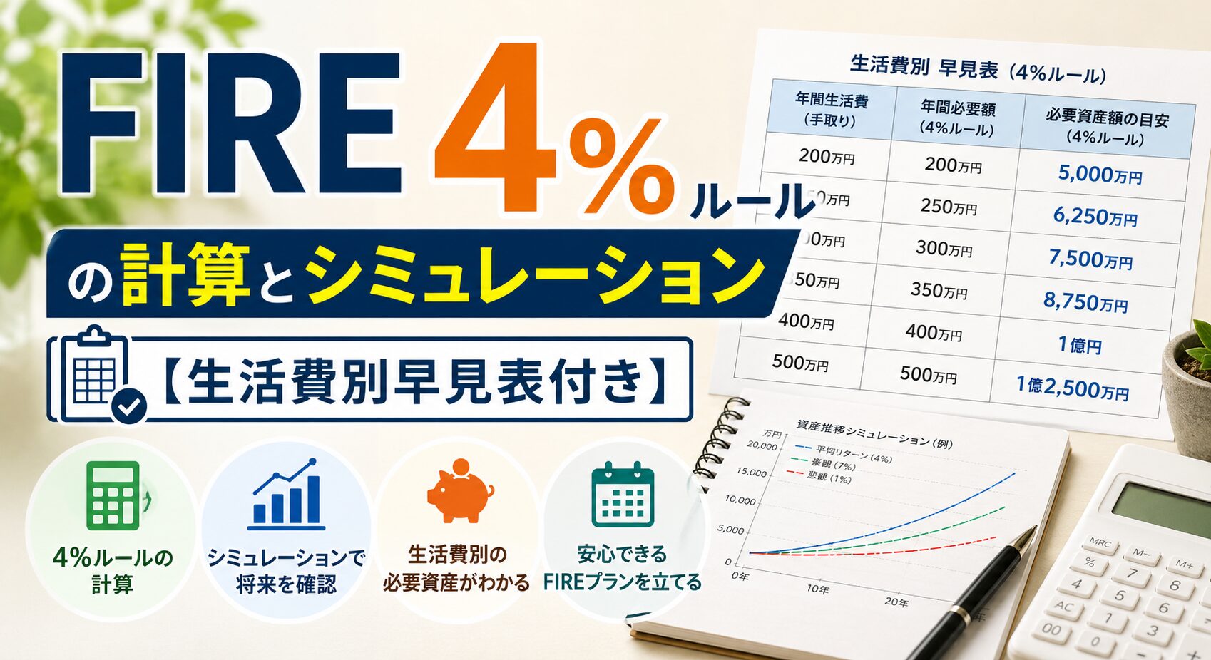 FIRE 4%ルールの計算とシミュレーション【生活費別早見表付き】