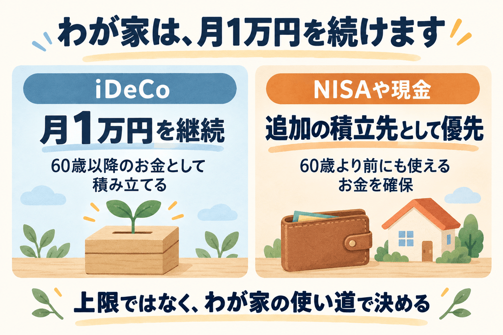わが家はiDeCoを月1万円で継続。60歳より前にも使えるお金を確保するため、追加の積立先はNISAや現金を優先し、上限ではなく使い道で決めます。
