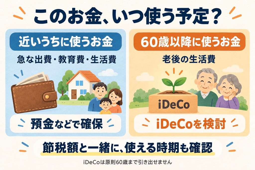 使う時期でお金を分ける考え方。急な出費や教育費、生活費は預金などで確保し、60歳以降の老後資金はiDeCoを検討。iDeCoは原則60歳まで引き出せません。