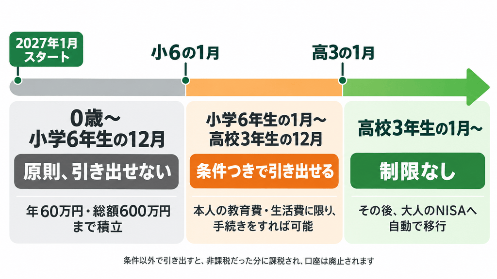 こどもNISAの払出し制限の流れ。小学6年生の1月から条件つきで払出し可能、高校3年生の1月に制限解除